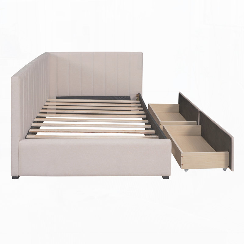 Upholstered Daybed With 2 Storage Drawers, Beige