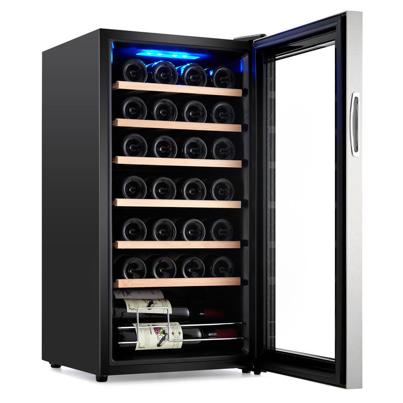 Freestanding 28-Bottle Compressor Wine Cooler, Glass Door Refrigerator with Digital Temperature Control (41–64°F) – Quiet Bar Fridge in Black