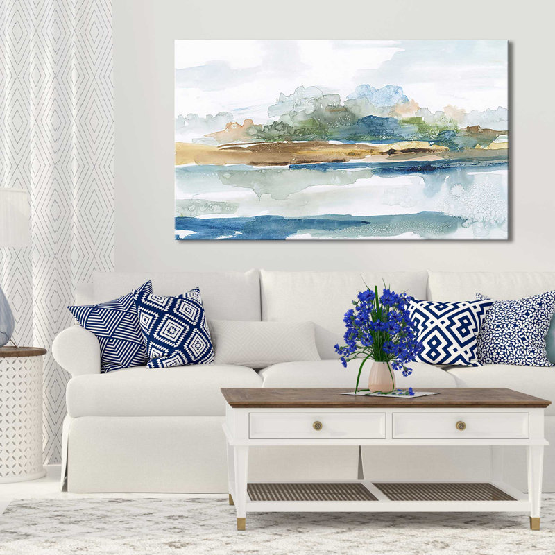 «Blue Solace» par Nan - Peinture, Toile tendue, H 36 po x l 60 po x P 1,5 po