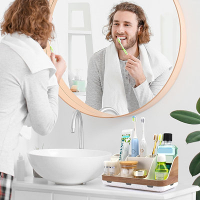 Organisateur de comptoir de salle de bain - Porte-brosse à dents électrique pour enfants à 7 emplacements amovibles et porte-dentifrice avec système d'évacuation pour accessoires de salle de bain, fini bois.