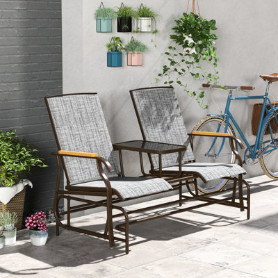 2 Person Outdoor Glider With Stable Mesh And Table - Gray Patio Bench Weather-
