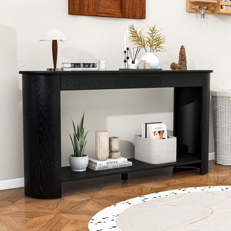 Modern Console Table with Drawers & Bottom Shelf, Black