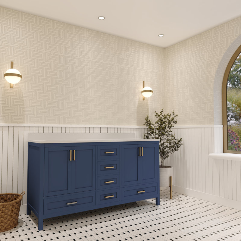 Rooh 60'' Double Bathroom Vanity with White Quartz Top, Brushed Gold, Blue