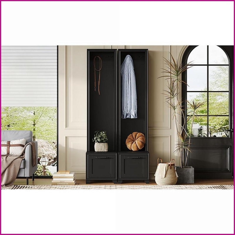 Coat Racks Set of 2, French Retro 3-in-1 MDF Hall Tree with Bench &amp; Drawers, Black | Black | MDF, Black
