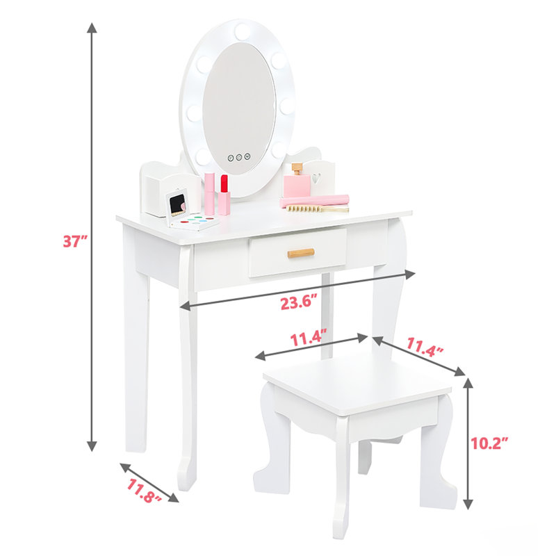 Kids Makeup Dressing Table With Lights & Wood Makeup Playset, White