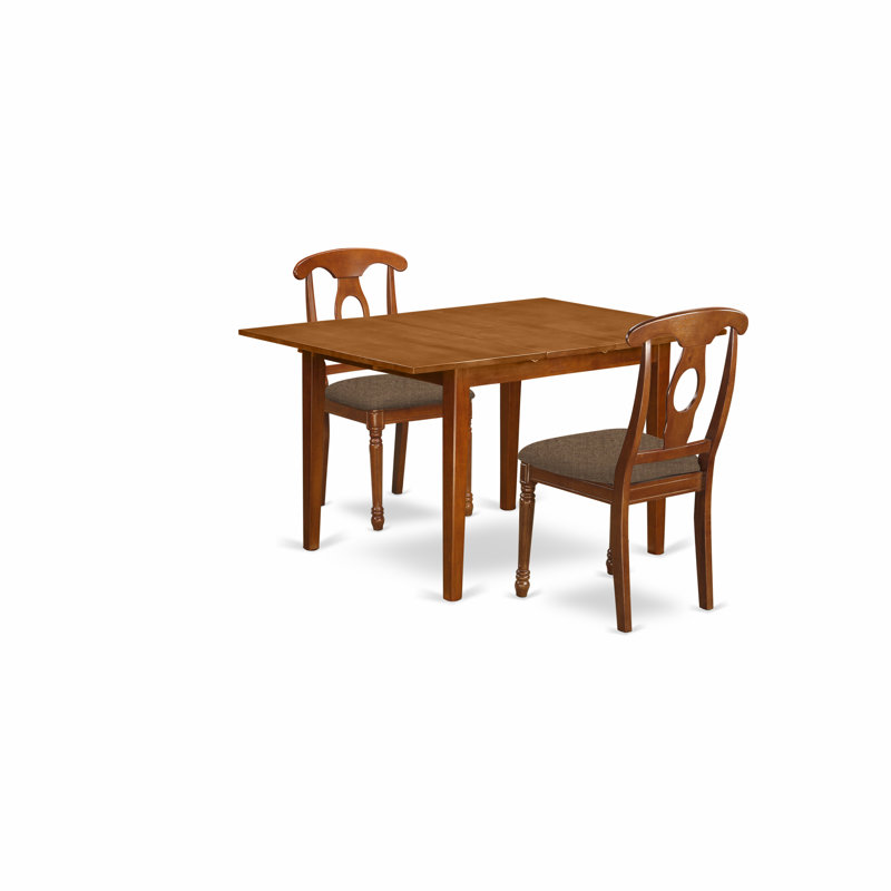 3 Piece Kitchen Table Set Contains a Rectangle Dining Room Table with Butterfly Leaf and 2 Linen Fabric Upholstered Dining Chairs, 36x54 Inch, Saddle Brown