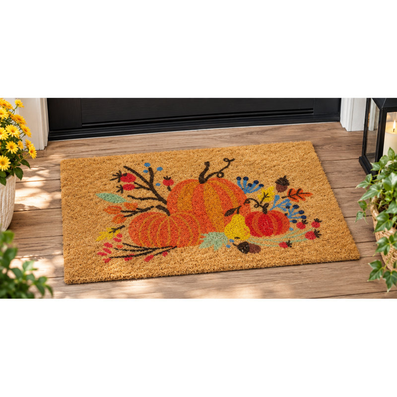 Tapis de porte en fibre de coco Harvest Bounty Pumpkin - 18 x 30 pouces (45,7 x 76,2 cm) avec dos en caoutchouc