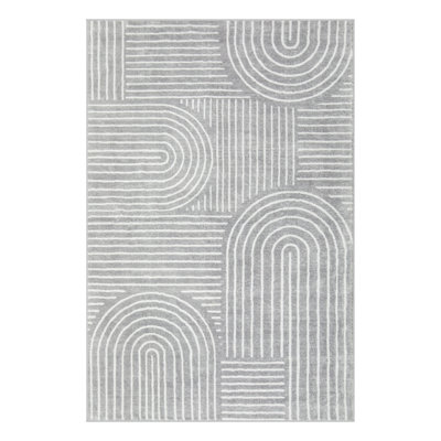 Celeta Washable Abstract Japandi Rainbow Striped Gray Area Rug - Colorful Modern Carpet for Living Room, Bedroom, or Office Decor