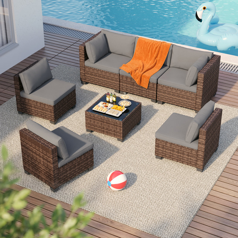 Wicker 6 - Person Modular Patio Conversation Sets with Cushions