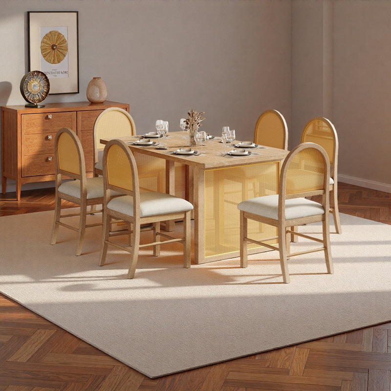 7-Piece Farmhouse Dining Table Set For 6 - 59.8" Rectangular Dining Table With Distressed Oak Veneer And 6 Rattan Chairs, Rustic Kitchen Furniture For Dining Room