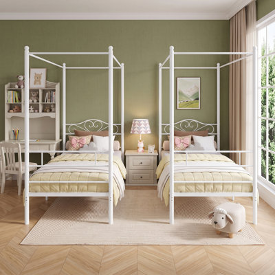 Ensemble de lit à baldaquin en métal 2 pièces, cadres de lit à baldaquin avec support à lattes en métal et rangement sous le lit, aucun sommier nécessaire, lits simples pour enfants, adolescents et chambre d'amis