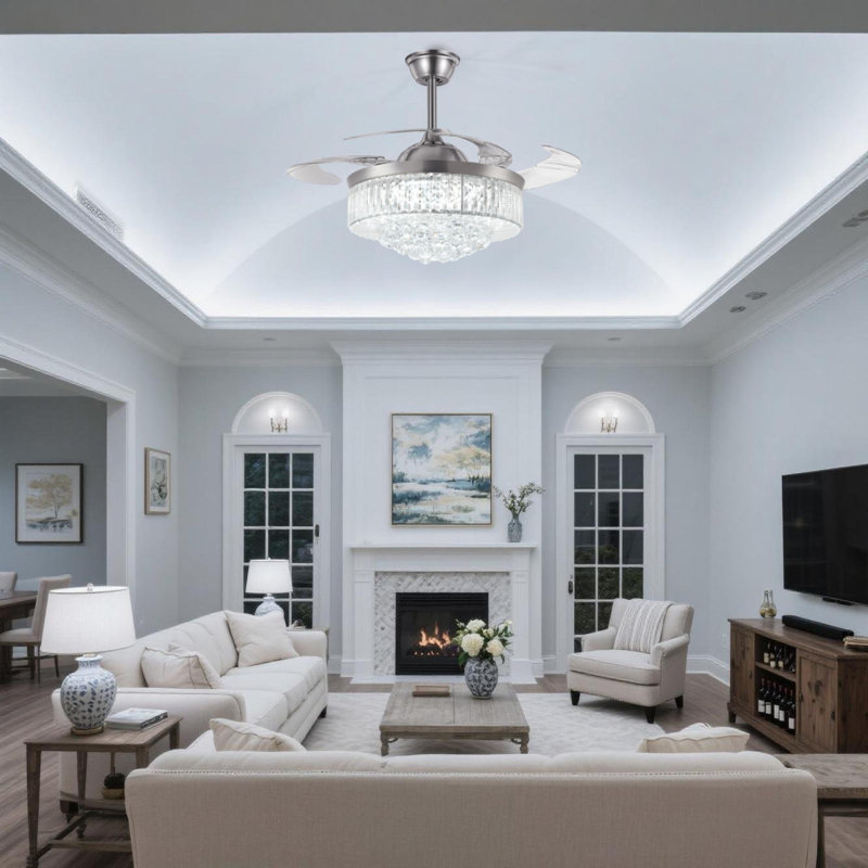 42 Inch - Silver Crystal Fan Chandelier - Remote Control / Dimmable / Variable Speed - Suitable For Living Room And Any Room