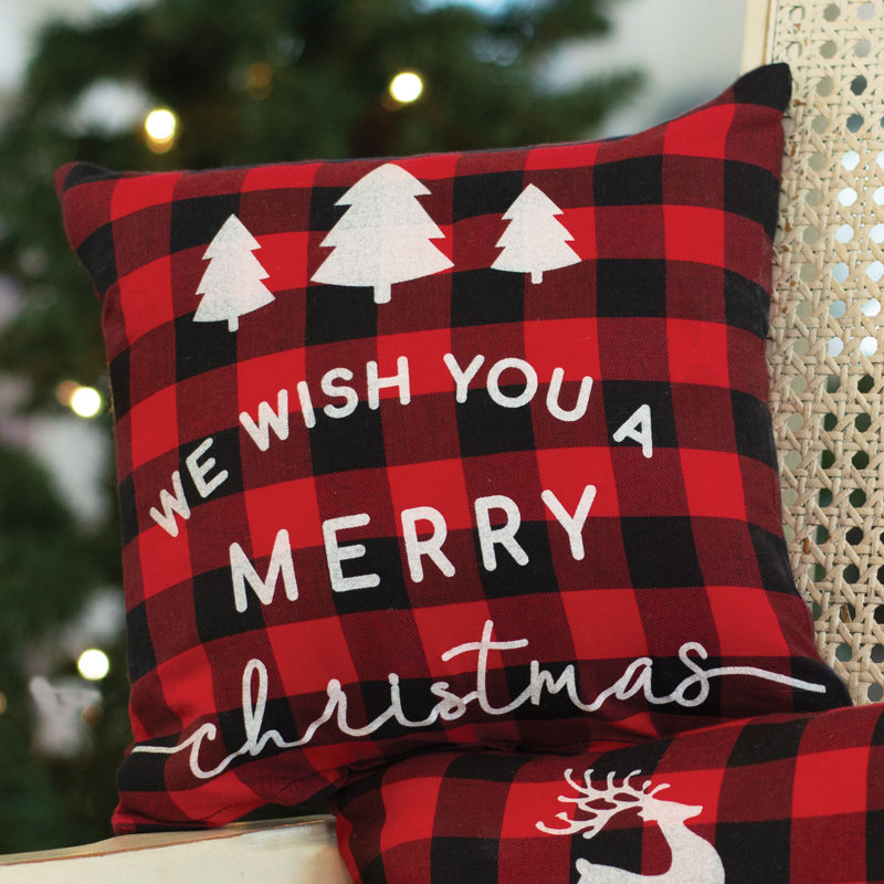 Red and Black Buffalo Check Christmas Pillow with Embroidery