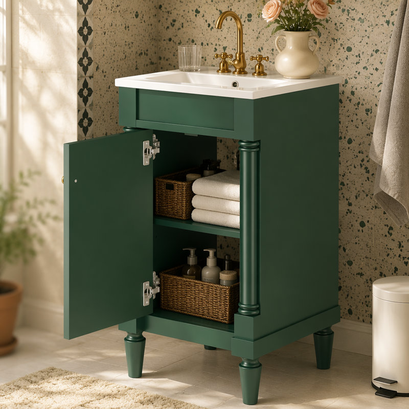 Armoire de salle de bain de style français 18 po avec rangement, solution pour petit espace avec lavabo en céramique, tablette réglable, charnières à fermeture en douceur