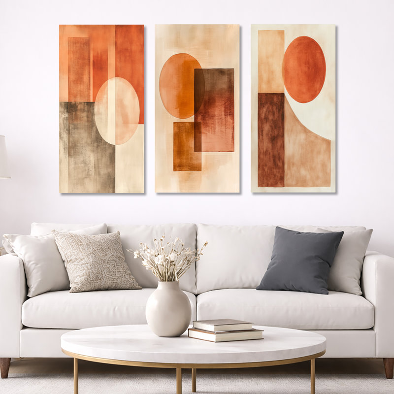 Moderne géométrie Flow Ii - terre cuite équilibre - ensemble abstrait d'art mural encadré de 3, H 40 po x l 60 po
