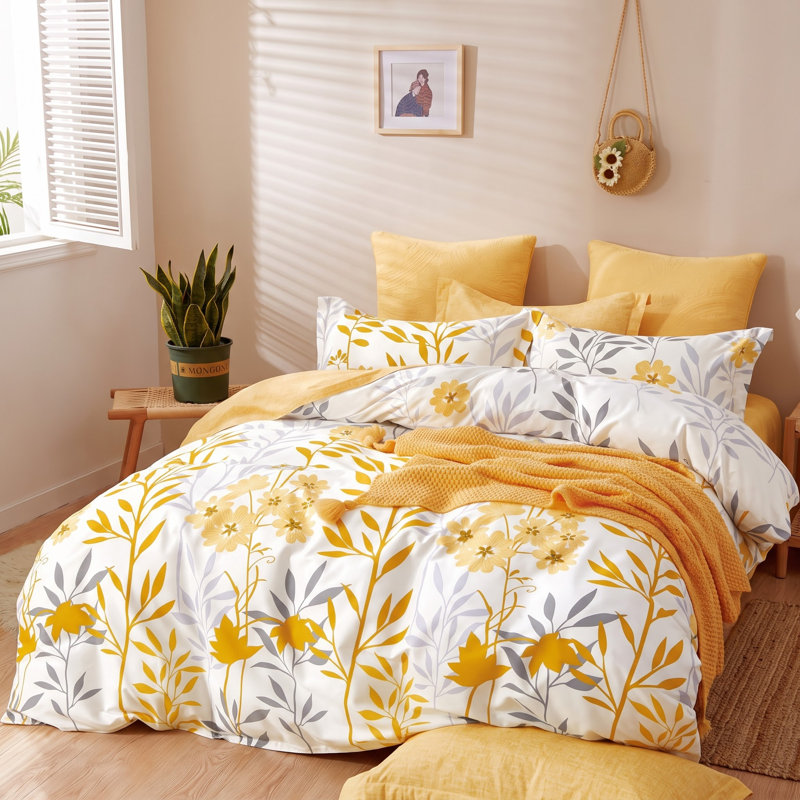 Autumn Yellow Floral 100% Cotton Reversible Comforter Set, Queen Comforter + 2 Standard Shams