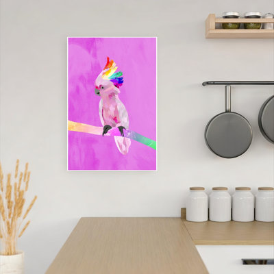 «Pink Rainbow Cockatoo Colorful Vibrant Whimsical Bird Tropical Landscape», reproduction d'art mural