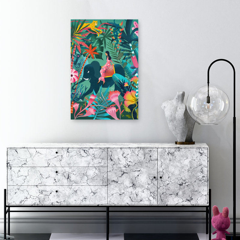 Tropical Elephant Adventure Colorful Vibrant Whimsical Elephant Monkey Nature Tropical Wall Art Print by Uta Krogmann - Print