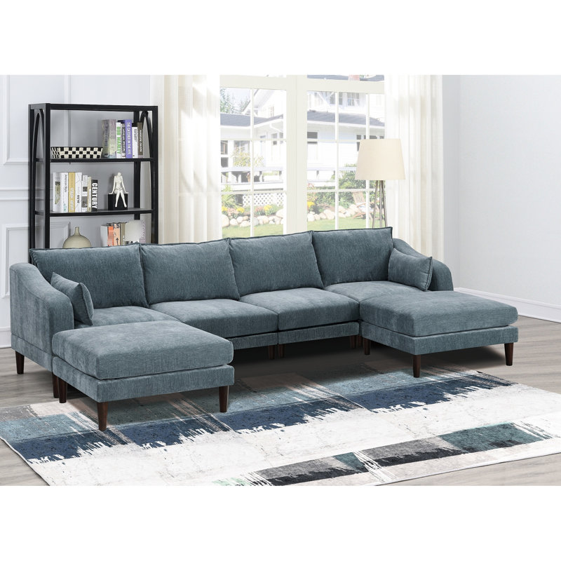 Magnifique 6 chaises modulaires en tissu minéral, sans accoudoirs et à un accoudoir, coussins de coussin, canapé, canapé modulaire à structure en bois, chaise en suède, base