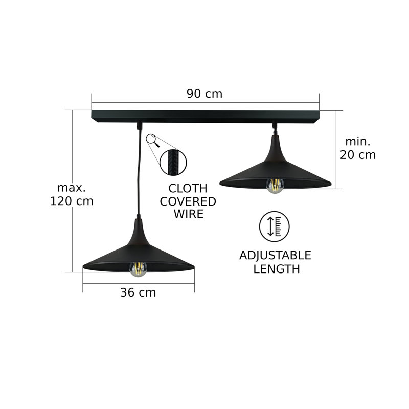 - Light Matte Black Dome Pendant, Black, 120cm H x 105cm W x 36cm D, 2 Lights