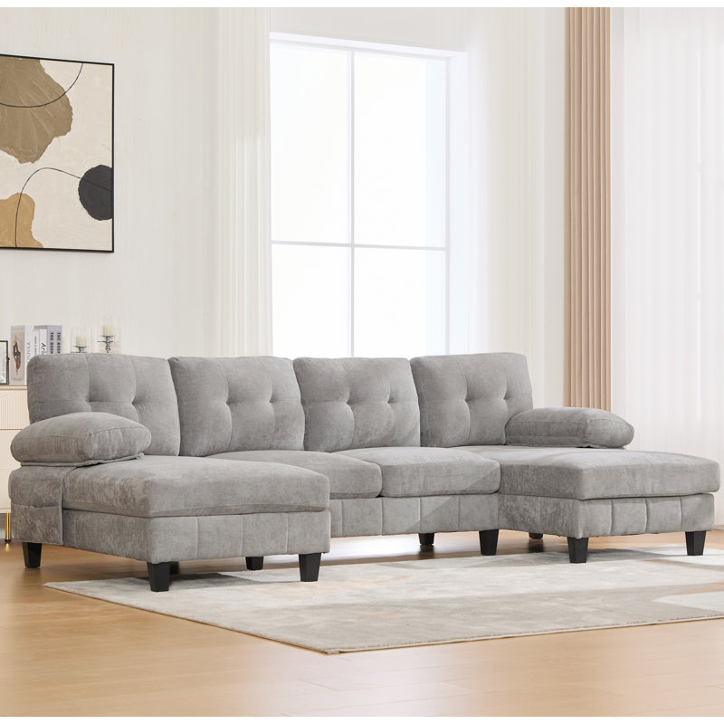Canapé modulaire en U en chenille de 103,5 po avec double méridienne, poches de rangement et coussins d'accoudoirs pour le salon