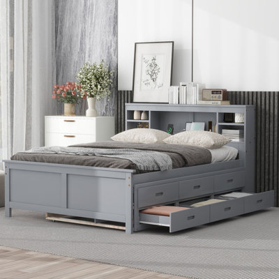 Lit plateforme double avec tête de lit, ports USB, 3 tiroirs et lit gigogne simple, gris