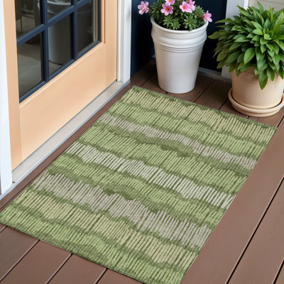 Tapis extérieur lavable rayé vert olive et gris 3 pi x 5 pi