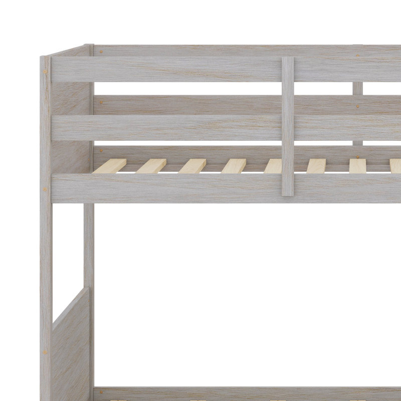 Lit superposé au plancher avec tête et pied de lit à panneaux, garde-corps de sécurité, échelle intégrée, Blanc antique