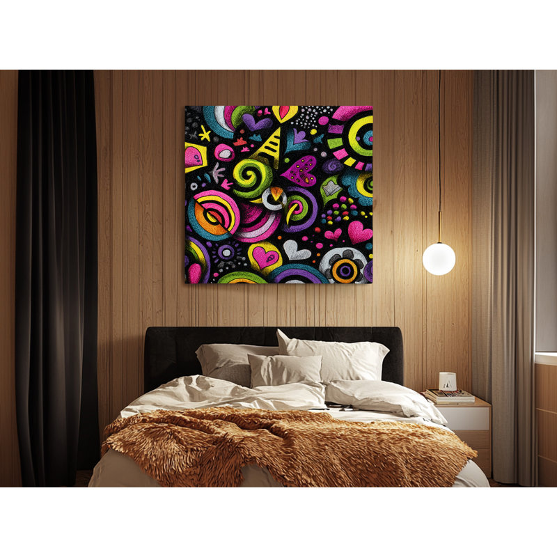 Art abstrait sur toile abstrait, cœurs colorés de griffonnages, impression multicolore vibrante de style dessiné à la main, décoration intérieure