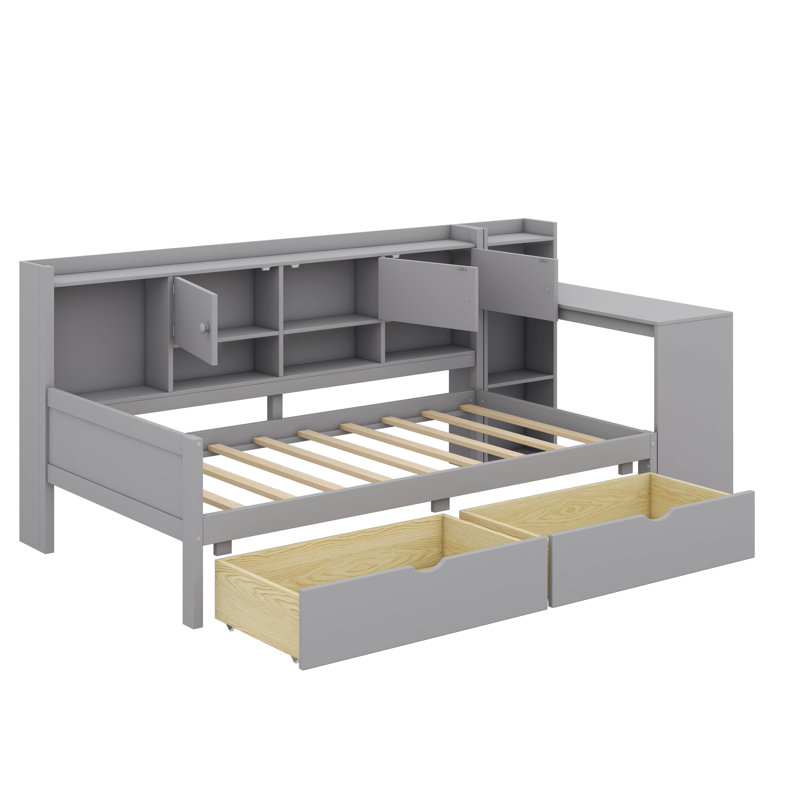 Lit de jour en bois en L avec sept armoires de rangement et deux tiroirs, lit multifonctionnel avec table d'étude, Gris