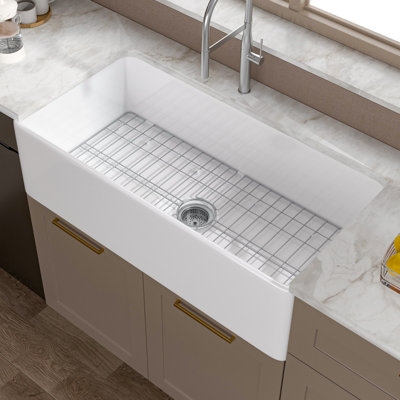 Single Bowl Rectangular Fireclay Farmhouse Kitchen Sink with Sink Grid & Basket Strainer