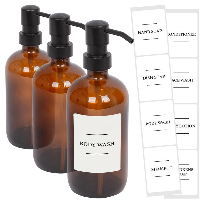 Glass Soap Dispensers with Labels - 500ml, Amber/White