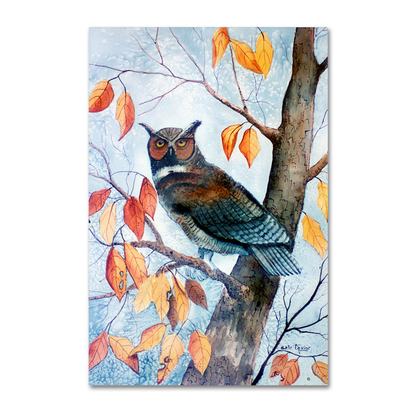 «Hibou et feuilles d'automne» par Dugazon, reproduction sur toile tendue, H 19 po x l 12 po