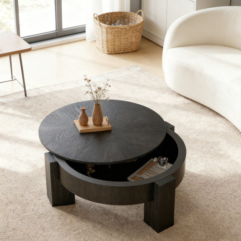 33'' Modern Round Coffee Table with Hidden Storage, 3 Block Legs Sturdy Center Accent Table, Black