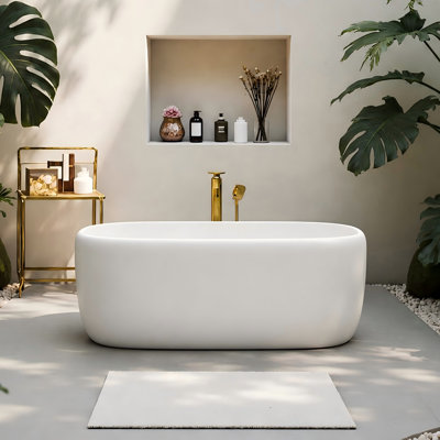 StonePure 51"×25.5" Compact Freestanding Solid Surface Stone Bathtub, 13" Deep Soaking Tub With Overflow, Pop-up Drain