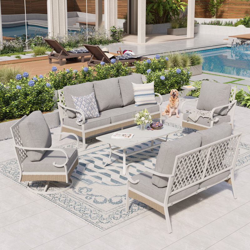 Ensemble de conversation pour patio 7 personnes avec causeuse et fauteuils pivotants, Gris clair