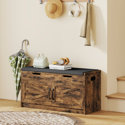 Banc à chaussures, banc d'entrée avec rangement, siège rembourré, brun rustique