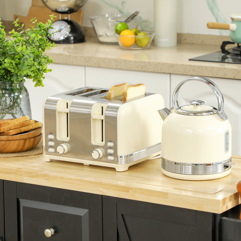 HOMCOM 1.7L 3000W Fast Boil Electric Kettle and 4 Slice Toaster Set, Cream White