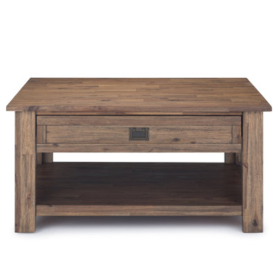 Monroe 38"W Solid Acacia Rustic Square Coffee Table with Large Drawer and Open Shelf