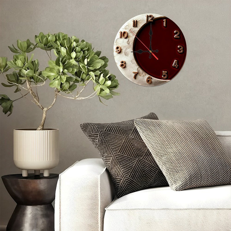 Horloge murale ronde en bois 10 po, mouvement à quartz silencieux, imprimé UV, à piles, Bourgogne