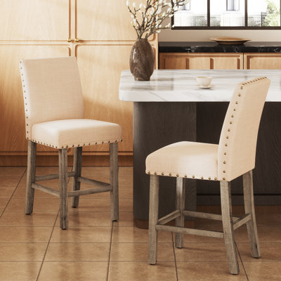 Modern Farmhouse Counter Height Bar Stools, Set of 2 with Soft Cushioned Seats and Nailhead Detailing
