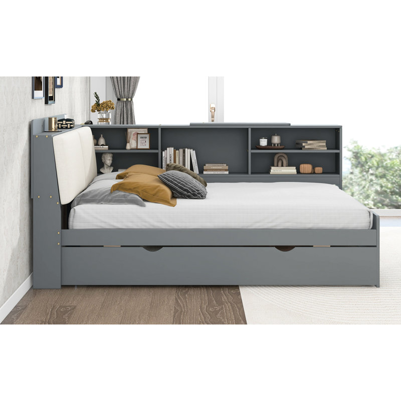 Gris, lit double, base de lit en bois, lit gigogne, plateau de rangement rotatif, tête rembourrée avec tablettes