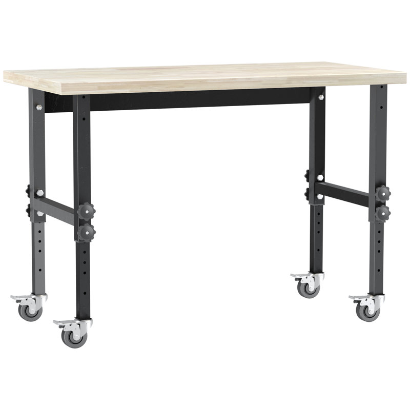 Banc de travail avec pieds réglables en hauteur HOMcom, table de travail en bambou et table de travail sur roulettes, capacité de poids en livres, noir / naturel