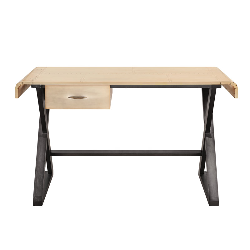 Bureau moderne en aluminium doré avec garniture en cuir et grand tiroir avec pieds rectangulaires