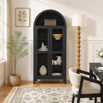 Une armoire de rangement arquée haute avec une lampe, une armoire de rangement en bois de style rétro moderne avec des cloisons en verre réglables, peut être utilisée comme armoire multifonctionnelle dans les cuisines - noir