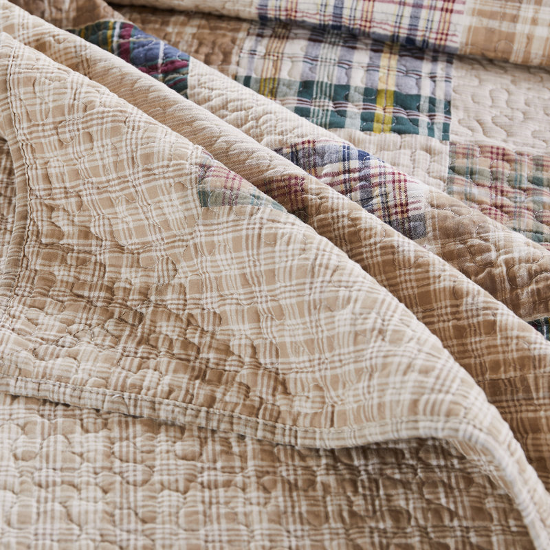 Greenland Home Fashions Oxford Throw – 50" x 60" Plaid Patchwork Cotton Quilted Blanket with Reversible Design, Taupe