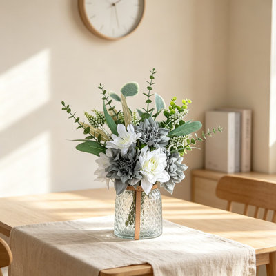 Artificial Silk Flowers with Vase, Faux Eucalyptus and Willow Floral Arrangement, Farmhouse Kitchen Dining Table Centerpiece Decor, Home Decoration with Glass Vase and Pendants