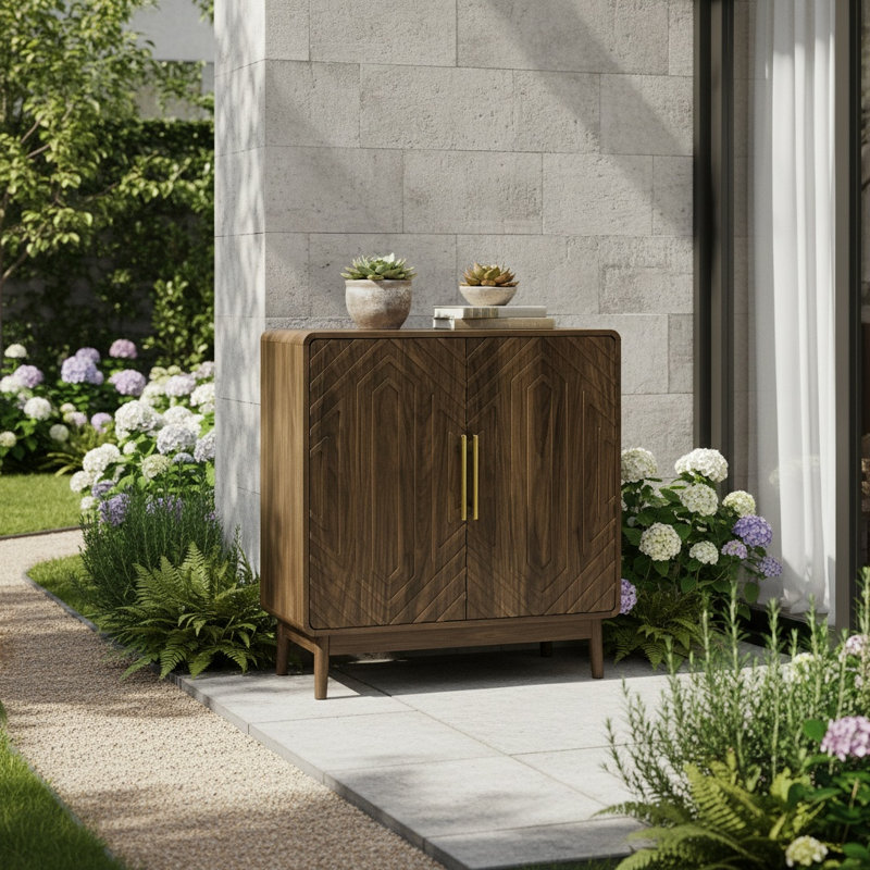 Walnut Accent Cabinet with Curved Edges, Carved Doors & Solid Wood Legs