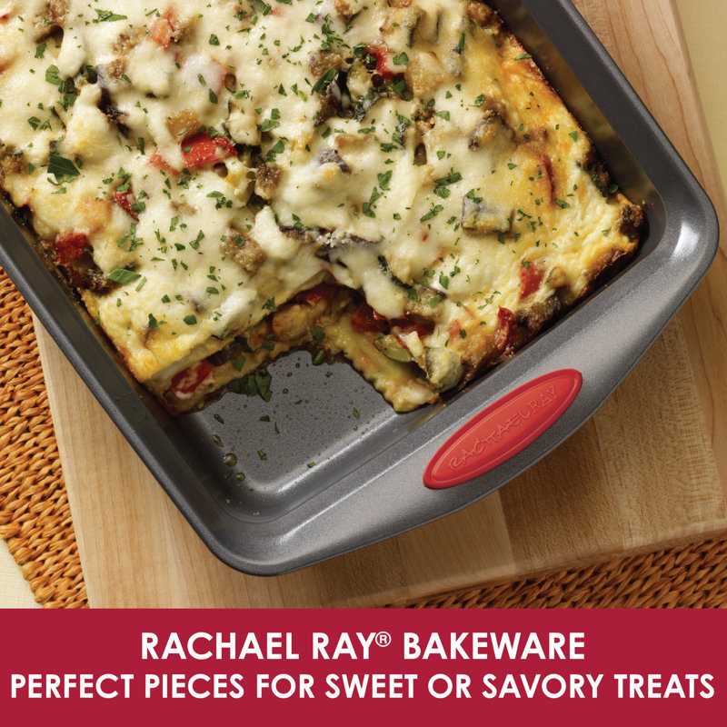 Rachael Ray Yum-o! 9-Inch by 13-Inch Nonstick Oven Lovin' Lasagna and Cake Pans, Set of 2, Gray with Red Handles