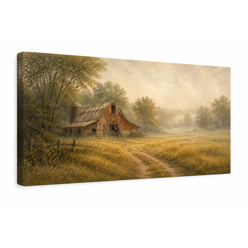 Tableau panoramique sur toile tendue représentant une grange champêtre dans la brume matinale, H 24 po x l 48 po x P 1,5 po